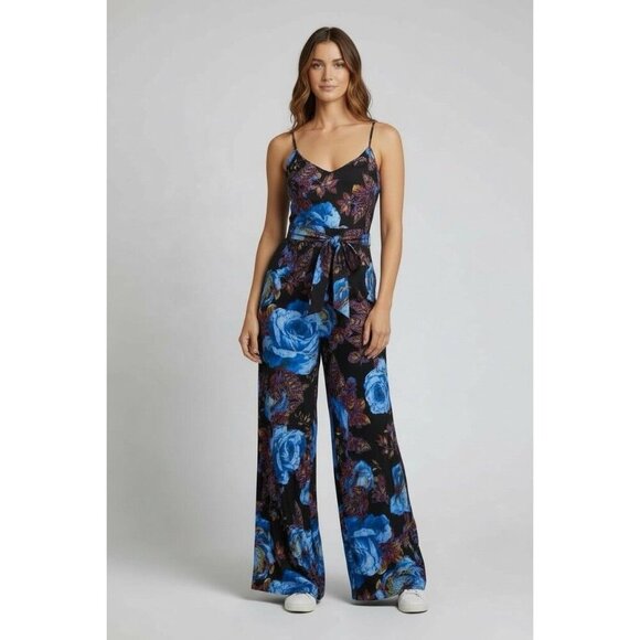 Free People Blue Rose Print Wide Leg Jumpsuit Spaghetti Strap 6 - Picture 2 of 7